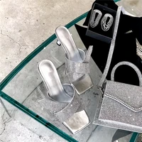 summer 2020 square head rhinestone cross strap silver sandals womens mid heel full open peep toe sandals and slippers