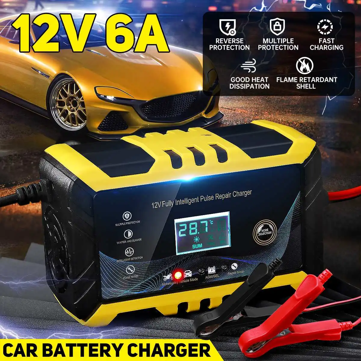 2-100AH Full Automatic Battery-chargers 12V 6A Car Motorcycle Battery Digital LCD Display Puls Repair Chargers Wet Dry Lead Acid