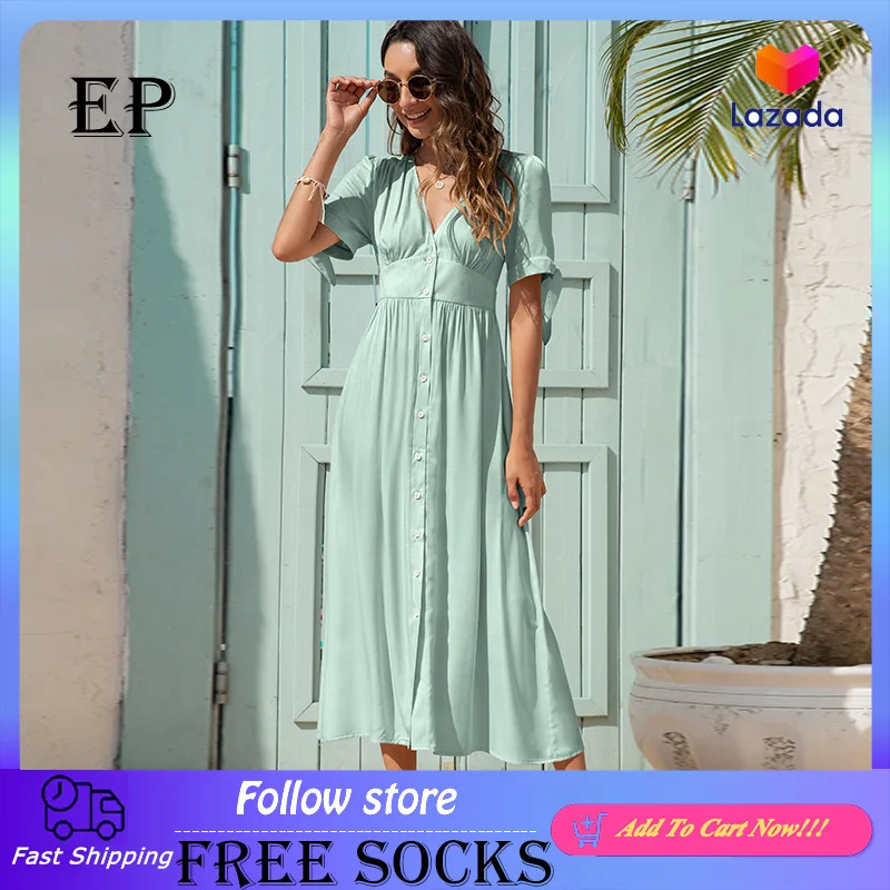

2021 one-step skirt summer new lady fashion V-neck high-waist cuff tie dress