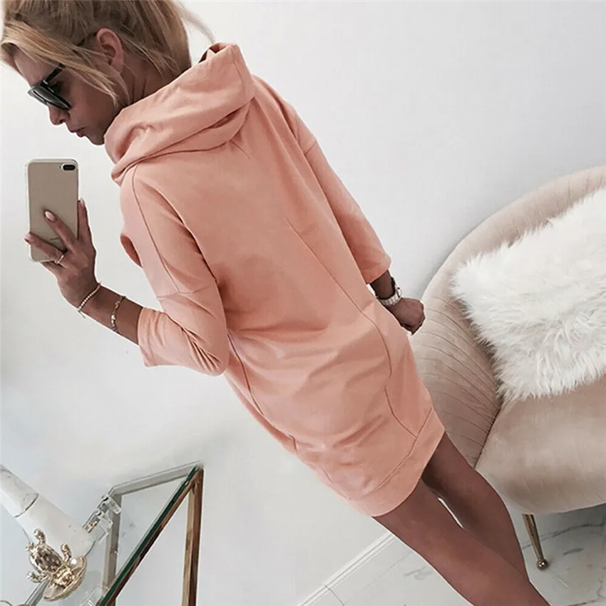 

Dress For Women Casual Hooded Pullover Dress Lapel Solid Color Long Sleeve Pocket Drawstring Jumper Sweatshirt Vestido De Mujer