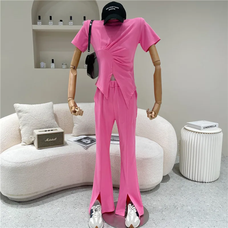 

2 Piece Set Women Summer 2021 Niche Design Fashion Irregular Pleated Short Sleeve T-shirt + High Waist Split Pants Fashion Suit