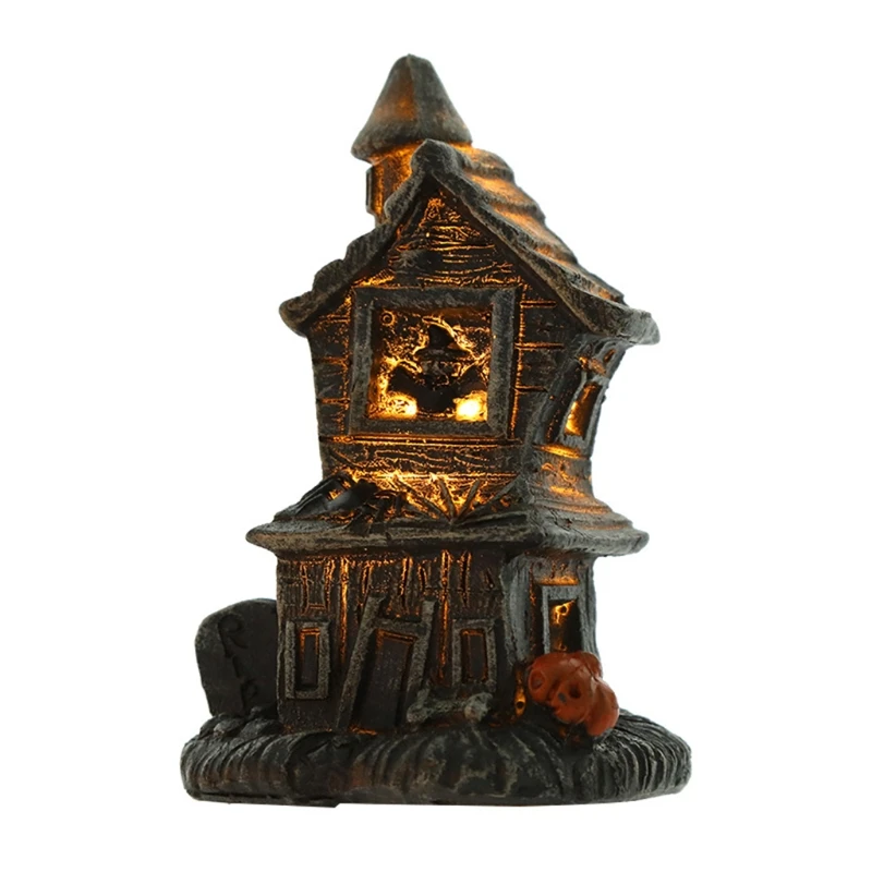

Resin Haunted House with LED Light Lamp Ornament for Halloween Decoration Spooky Office Bar Home Room Accessories