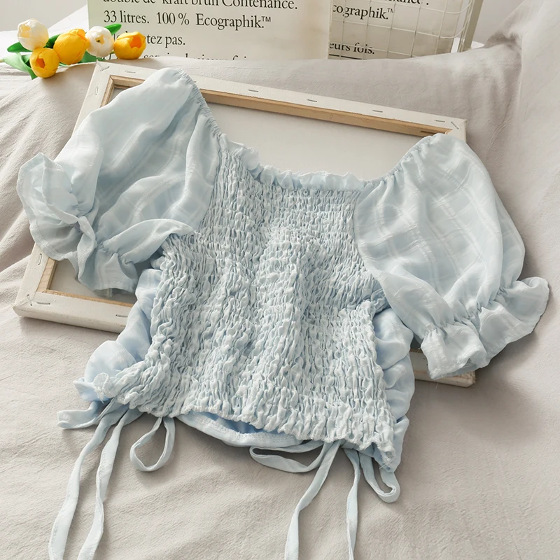 

Han Fan drawstring pleated short open navel one shoulder blouse for women in summer 2020