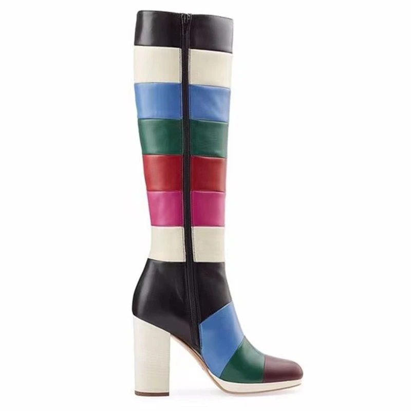 Mixed Print New Model Heels Shoes Boots Gradient Color Fashion Women's Knee High Boots Round Toe Zip Big Size 46