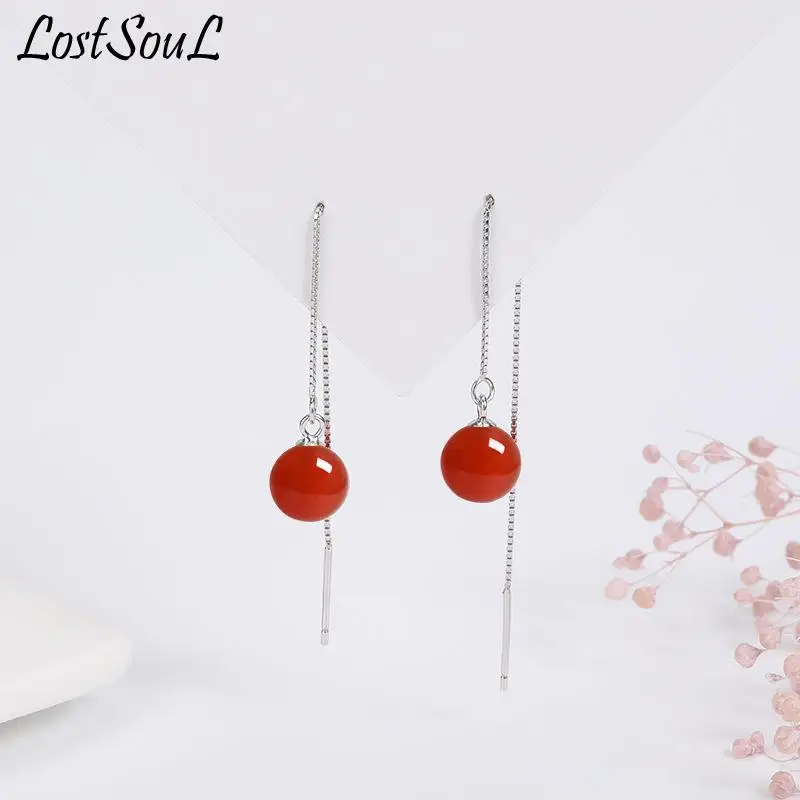 

LOSTSOUL 925 Sterling Silver Earline Women's Fashion Korean Long Tassel Agate Pendant Earrings Jewelry Trendy Anti-allergy