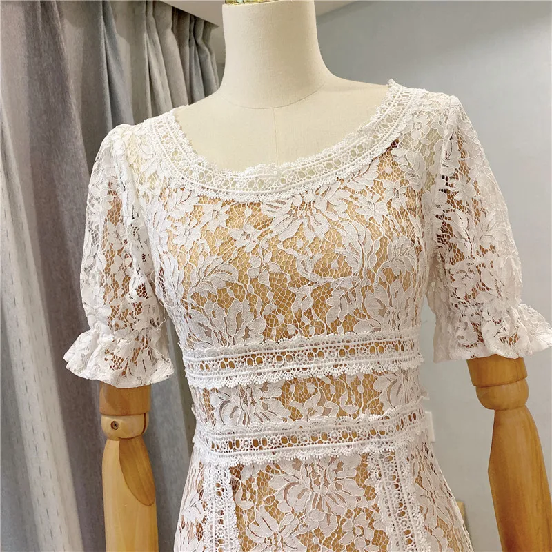 

Korea New Fashion 2021 Women Summer Dress O-neck Short Sleeve Lace Spliced Hollow Out Mermaid Casual White Mid-calf Dress