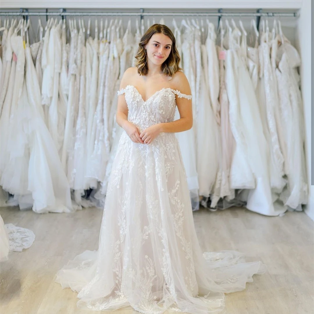 

Элегантное свадебное платье-трапеция с открытыми плечами, аппликациями, блестками, открытой спиной и шлейфом, свадебное платье, тюль, 2021