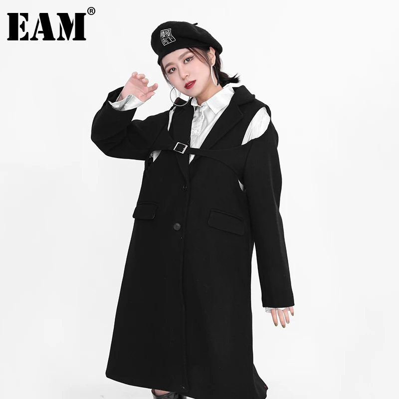 

[EAM] Loose Fit Black Off Shoulder Buckle Long Woolen Coat Parkas New Long Sleeve Women Fashion Tide Autumn Winter 2022 A410