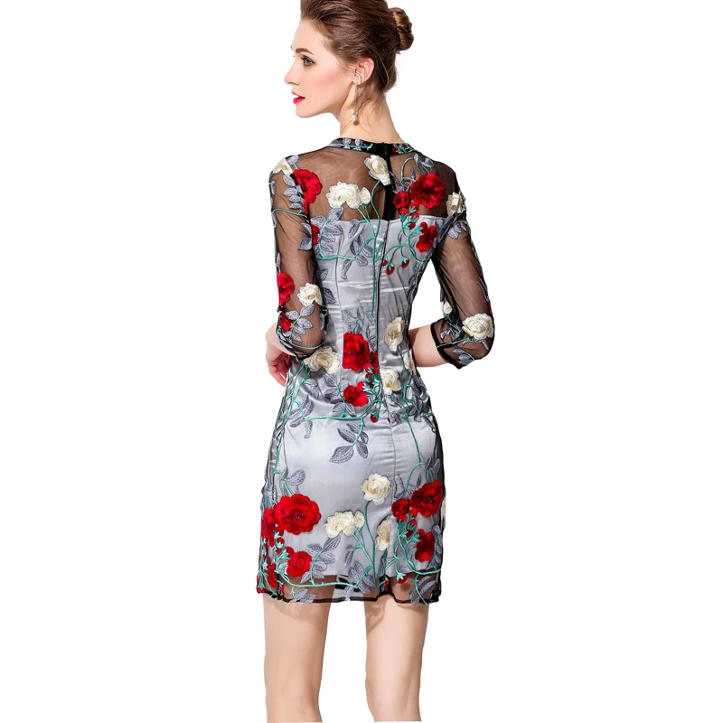 

Vestidos De Festa 2020 Spring Fashion Party Cocktail Women O-Neck Sexy Sheer Mesh Embroidery 3/4 Sleeve Bodycon Sheath Dress