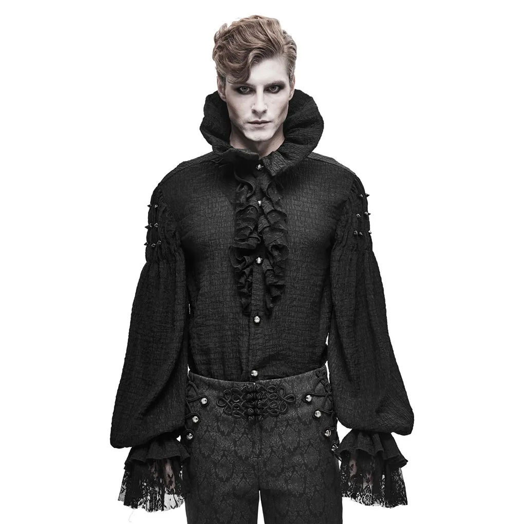 New Men Gothic Tops Autumn Vintage Party Cosplay Long Sleeve Stand Collar Decorated Shirt Tops