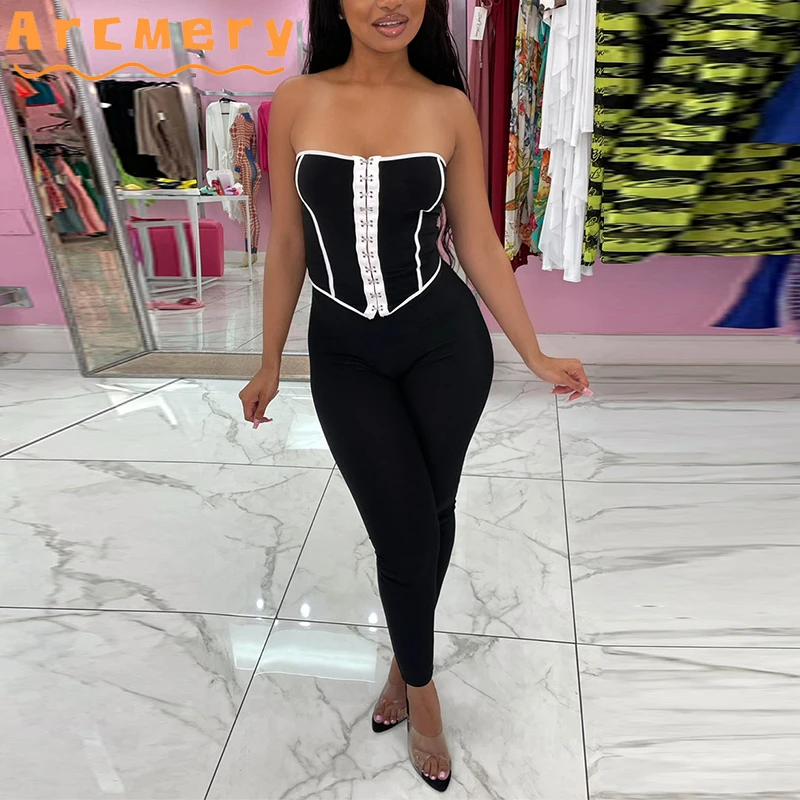 

5 Colors Women 2 Pieces Pants Sets Strapless Cami Top & Bodycon Skinny Pants