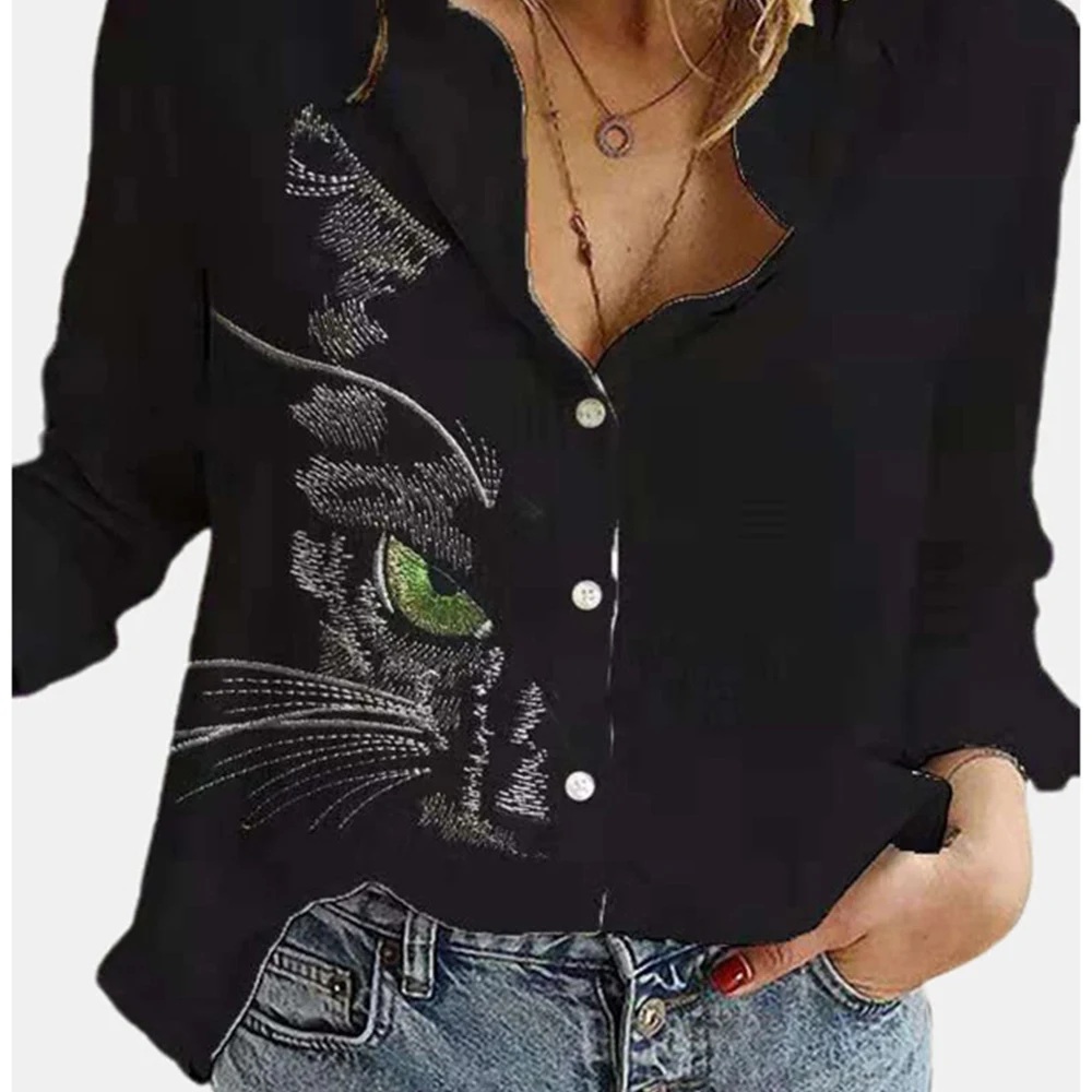 

2021 Spring Fashion Green Stitching Cat Print Shirt Women's Lapel Long Sleeve Office Blouse Elegant Ladies Plus Size 3XL