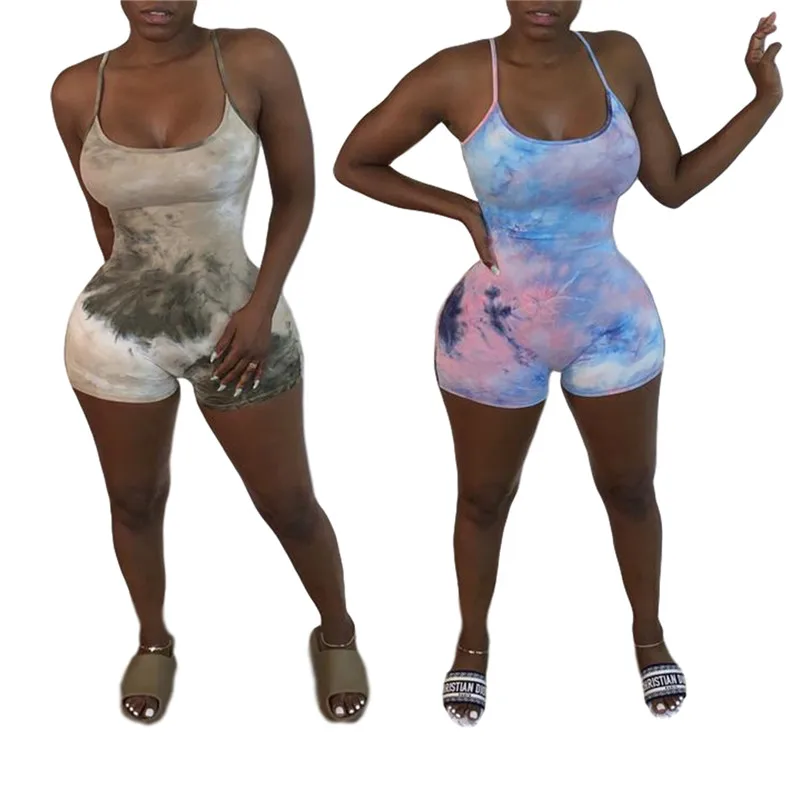 

Woman Skinny Spaghetti Strap sleeveless Rompers 2020 Bodycon Tie-dye jumpsuits body femme Plus Size S-2XL