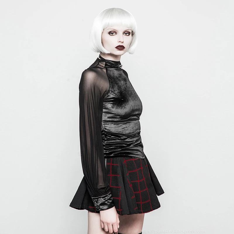 Панк рейв женская готическая Повседневная бархатная Сетчатая футболка мода