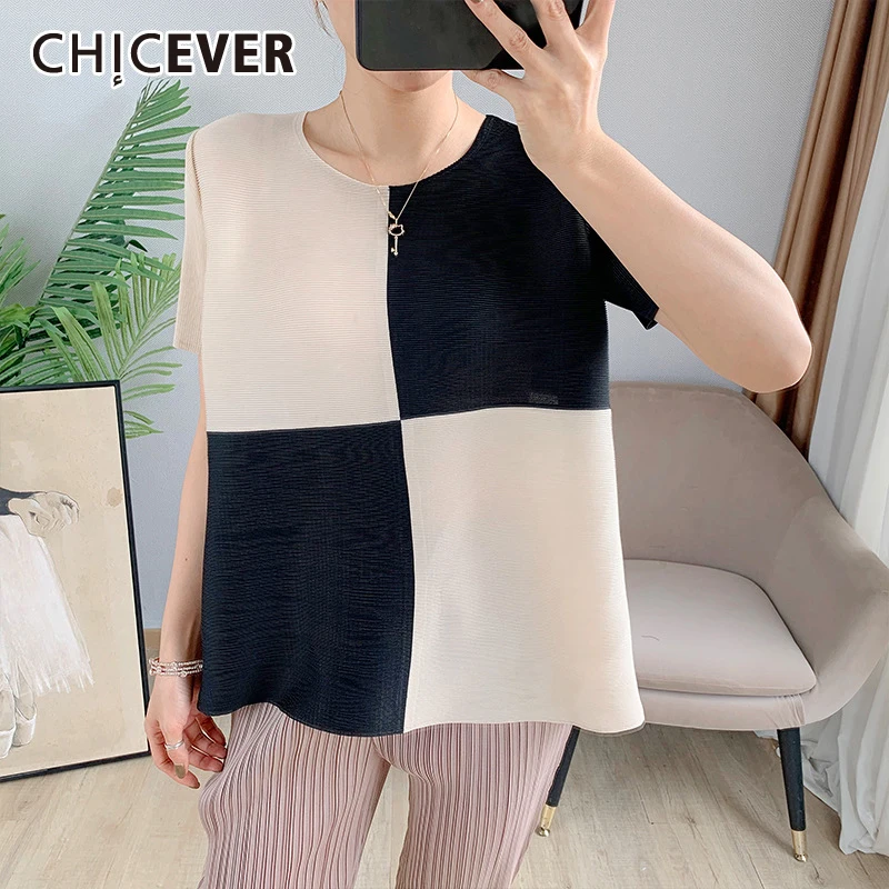 

CHICEVER Knitted Loose T Shirt For Women O Neck Short Sleeve Hit Color Casual Oversize T Shirts Female 2021 Clothing Summer New