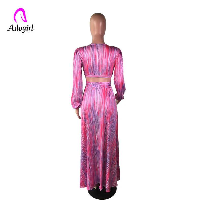 

Adogirl Pink Sexy V-neck Long Sleeve Two Piece Maxi Dresses for Women Floor Length Bohemia Summer Long Dress Ball Gown Vestidos
