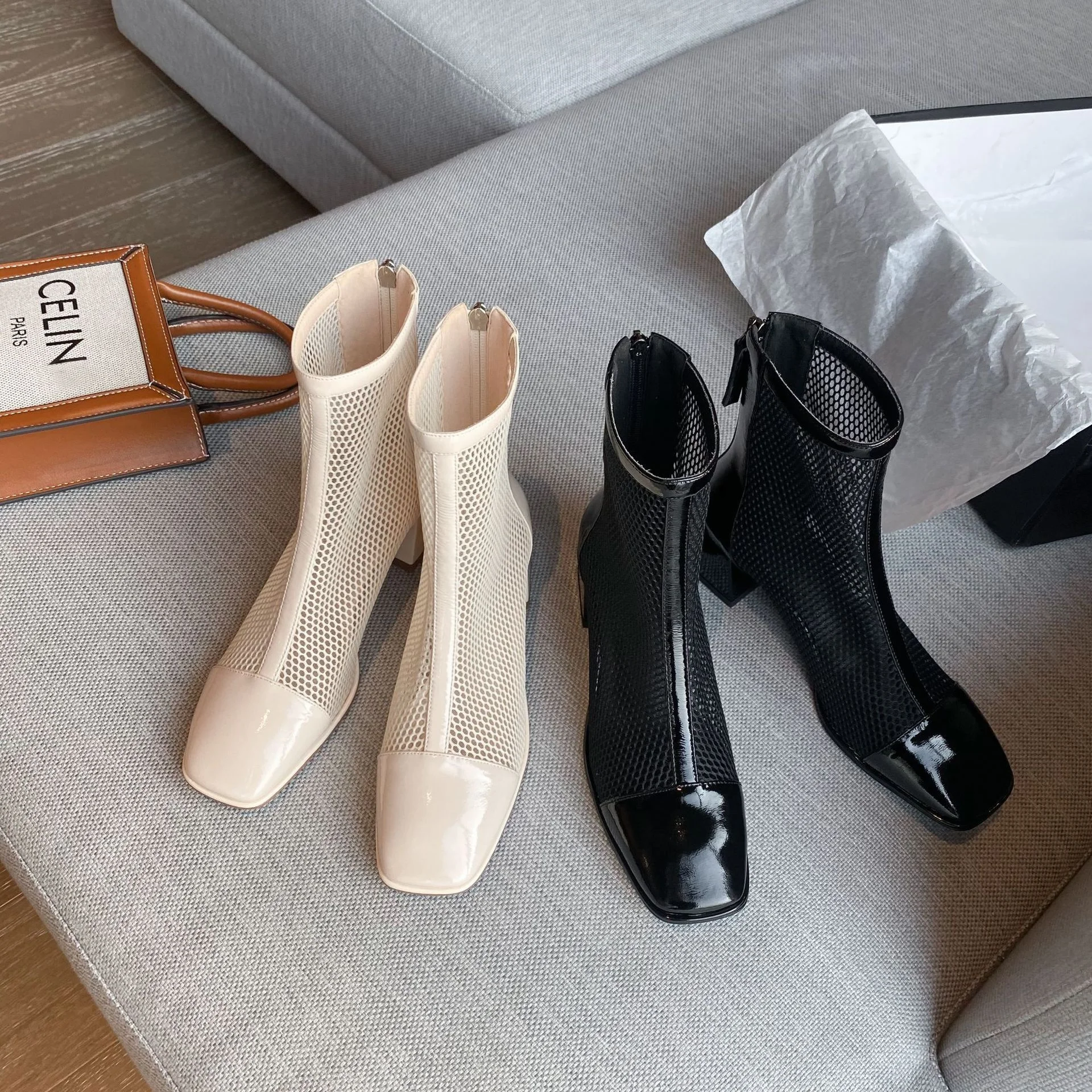 

Summer 2021 new square head middle heel zipper mesh boots breathable new women's boots casual large women's shoes