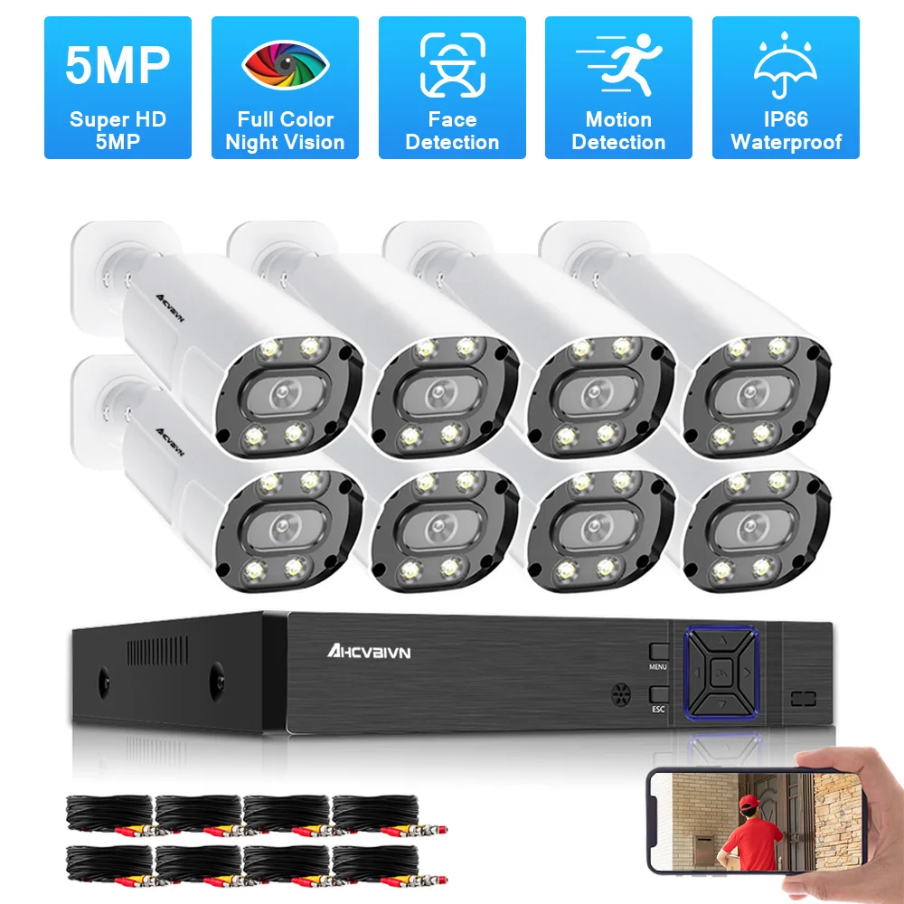 

5MP Home Full Color Night Vision Camera System Set Outdoor Waterproof 8CH DVR Face Detection CCTV Video Surveillance System Kit
