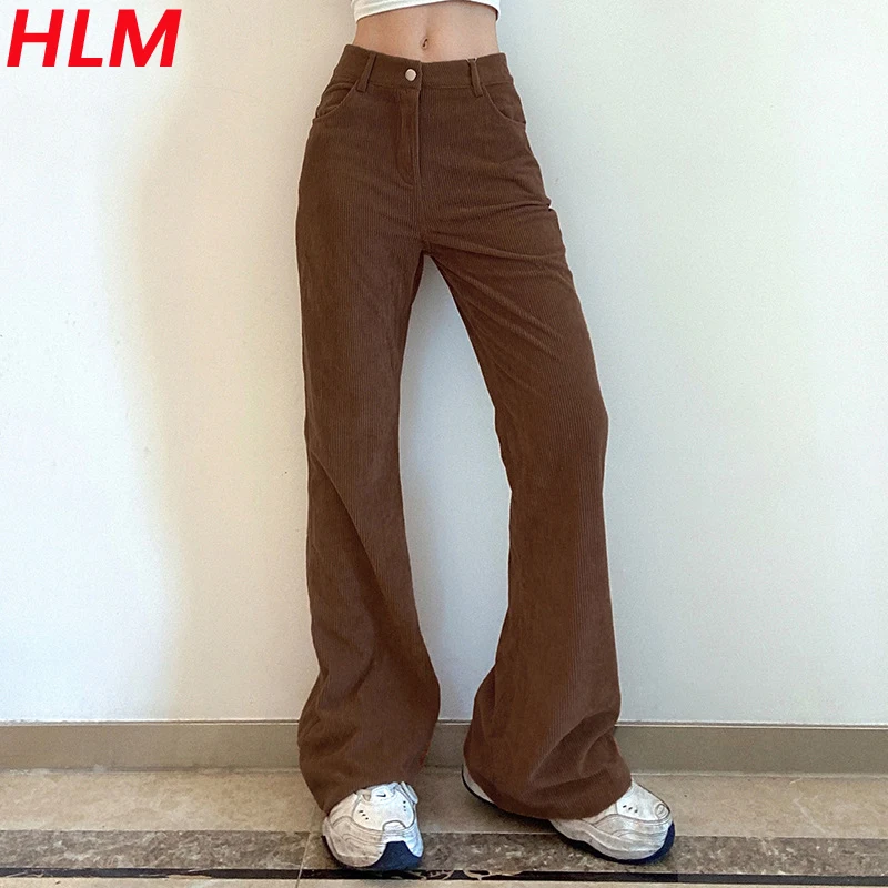 

HLM Flared Pants 2021 Summer Vintage Corduroy Fashion All-Match Khaki Trousers Wide Leg Pants Women Classic High Waist Pants