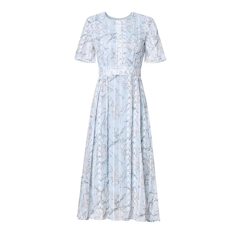 

Gezelligheid Water-color Printed Round Collar Light Luxury Temperament Slim Cut Age Print Skirt O-Neck Floral Chiffon Midi Dress