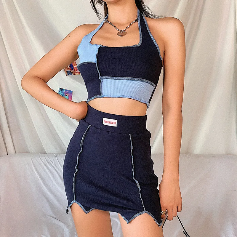

color patchwork halter neck tank top high waisted skirt women set