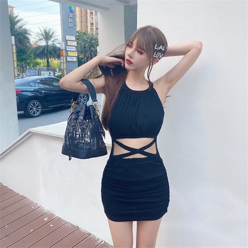 

2020 new fashion retro sleeveless hanging neck waist bag hip dress slim sexy nightclub solid color dress