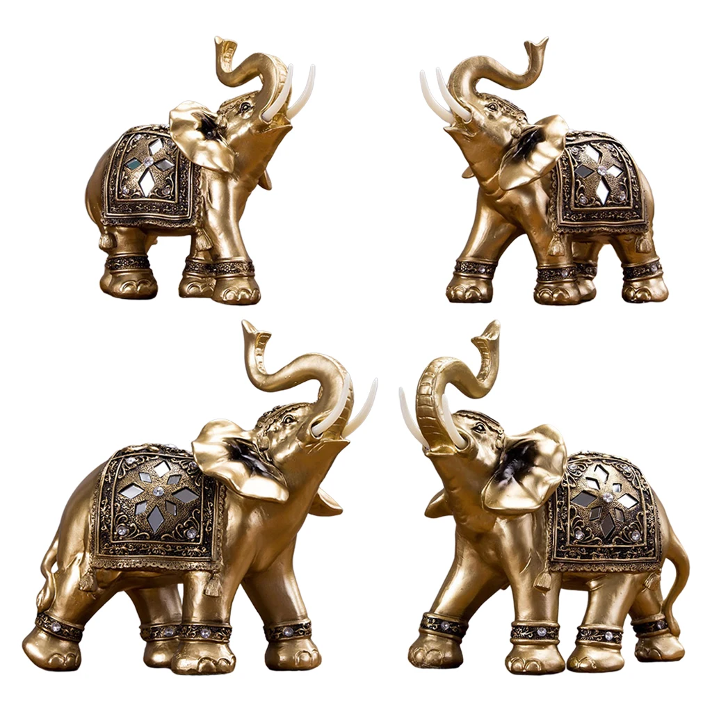 

Lucky Elephant Statue Sculpture Resin Golden Feng Shui Good Fortune Figurine Decoration Home Office Car Shelf Tabletop Decor