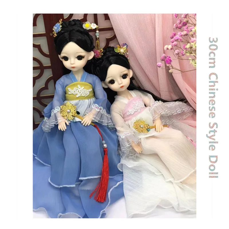 

BJD 30cm Chinese Style Doll 16 Joints Movable Fat Baby Clothes Headdress Fan Dress Up Set 4D Eyes 1/6 Princess Toy for Girl Gift