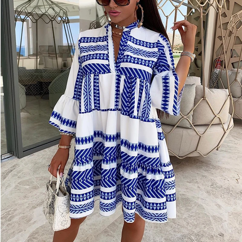 

Loose Casual mini Dress sexy V Neck Half Sleeve Elegant Vintage Office Ladies Fall Dress