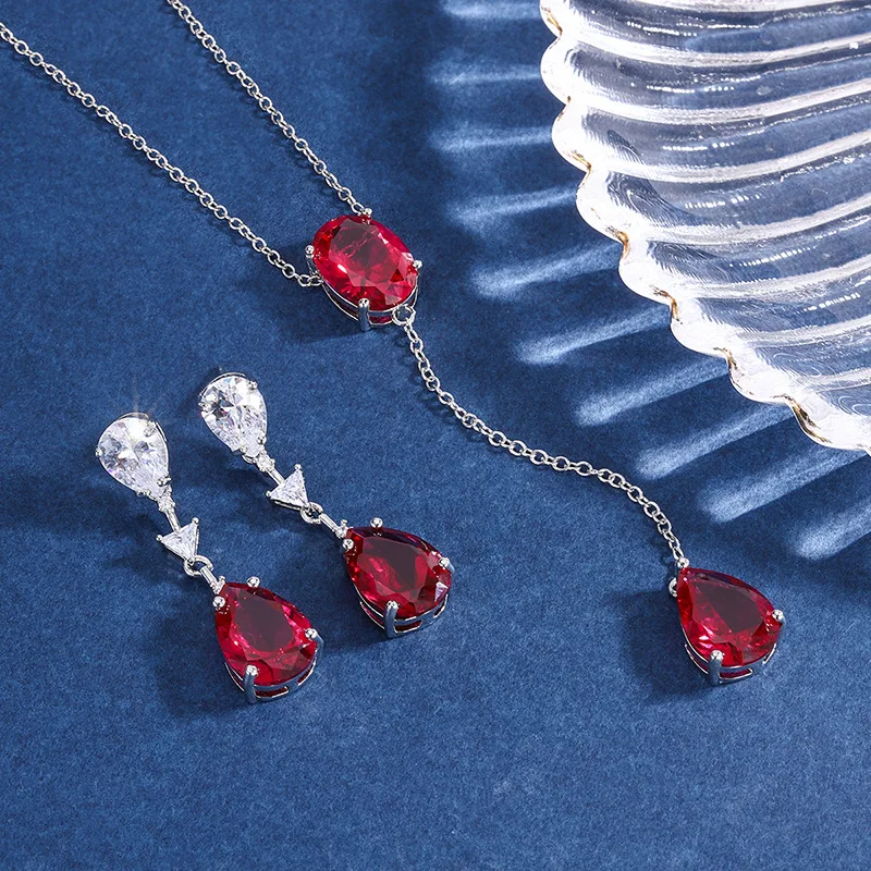 

Funmode Red Water Drop Cubic Zircon Ring Earring Necklace For Wedding Bridal Party Jewelry Sets Accessories Wholesale FS263