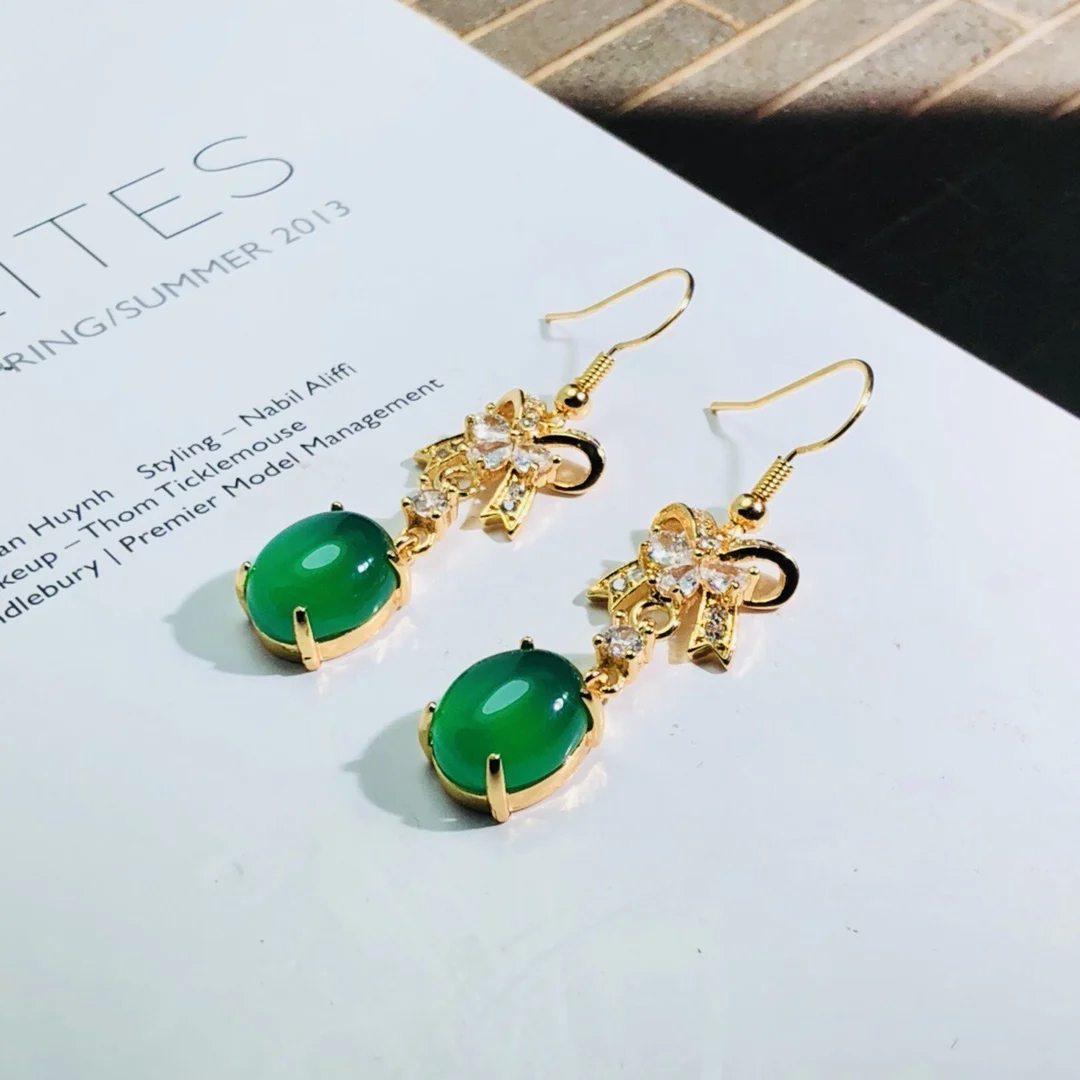 

Fine Emerald Agate Chalcedony 925 Sterling Silver Rose Gold Palace Style Earrings Jewelry Lucky Jade Stone Ear Decoration Crafts