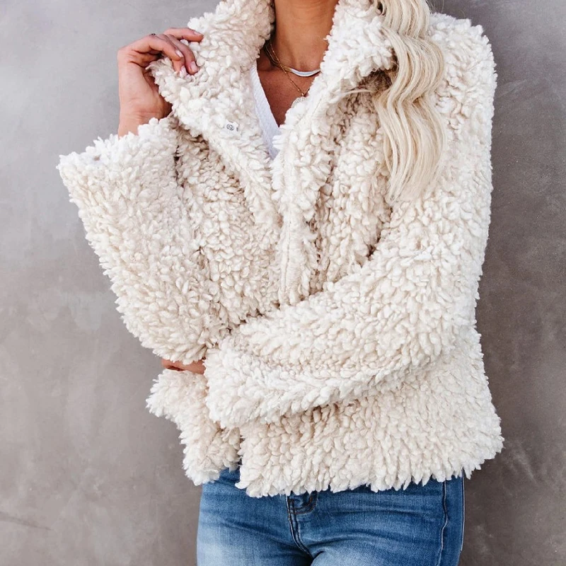 

Casual Loose Long Sleeve Outwear Fashion Winter Soft Fleece Warm Jackets Coat Women Elegant Turn-down Collar Solid Tops Cardigan