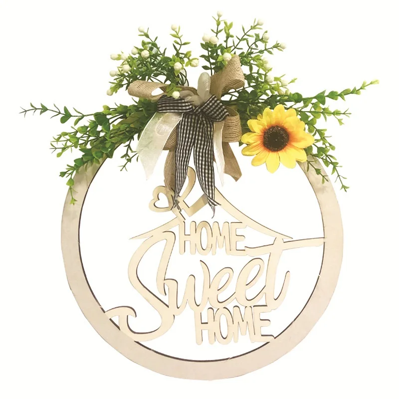 

Decorative Pendant Letter Patterns Hollow Out Artware Wood Doorplate with Artificial Flowers for Home Shop
