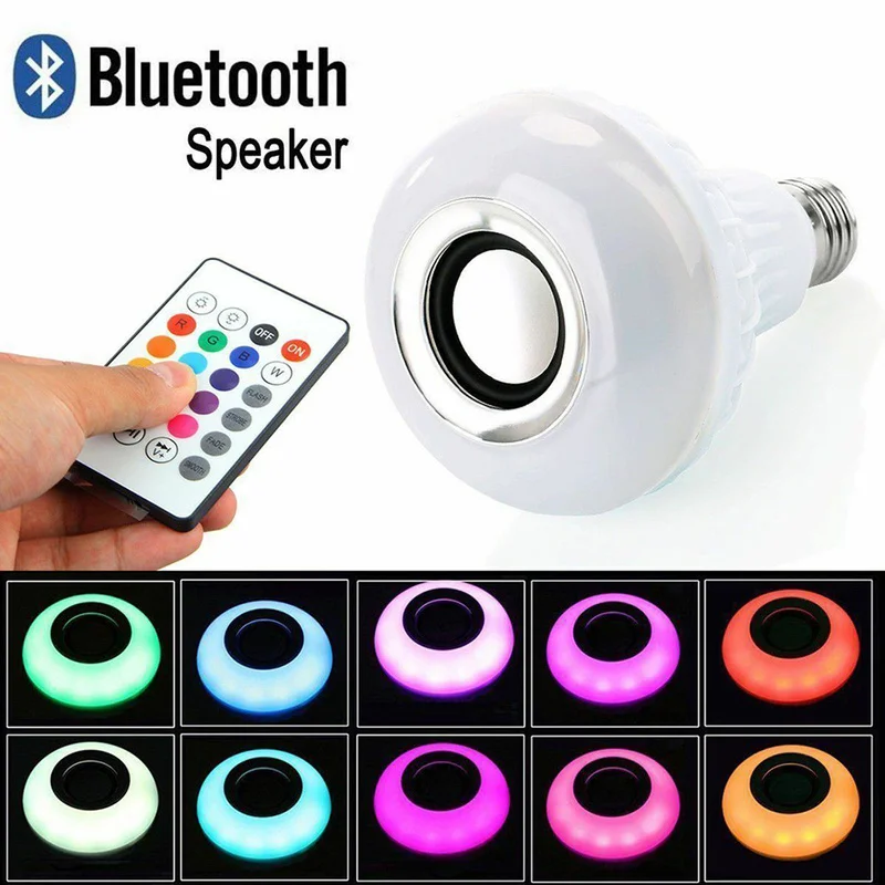 

Smart E27 12W LED RGB Bulb Wireless Bluetooth Speaker Music Playing Audio Dimmable Light Bulb RGBW Lamp with Remote Controllor
