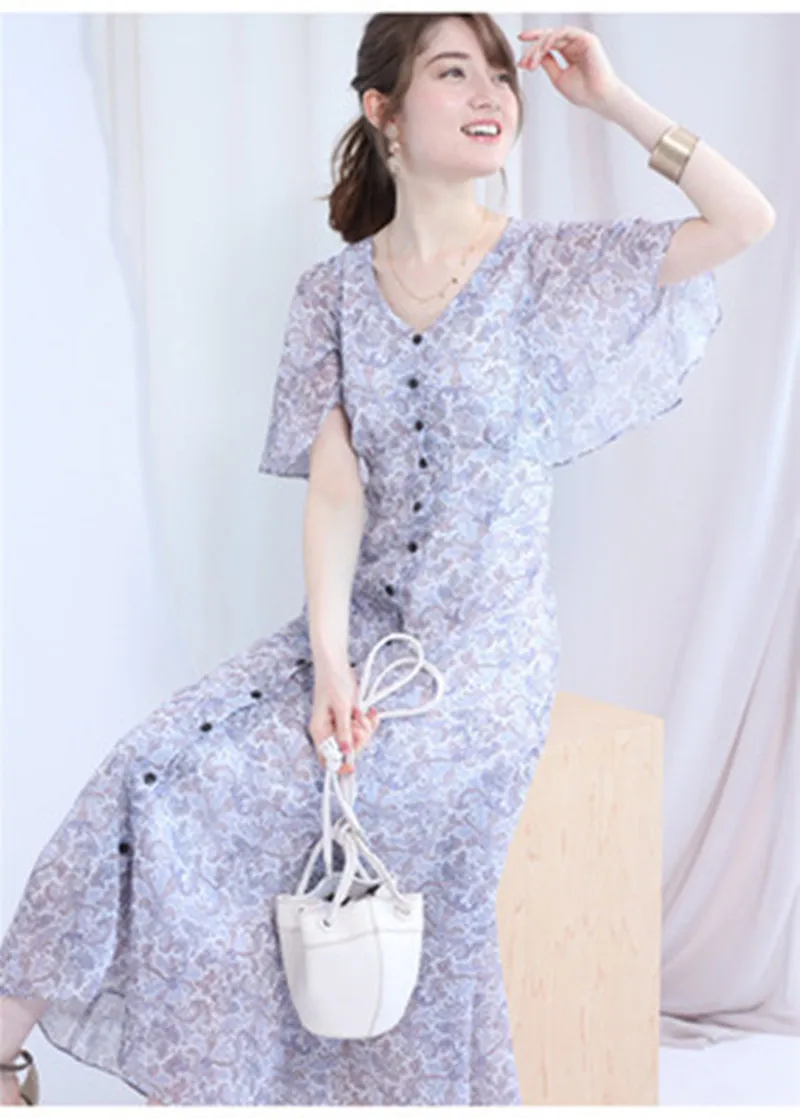 

2021 summer new women's high waist V-neck trumpet sleeve floral print dress