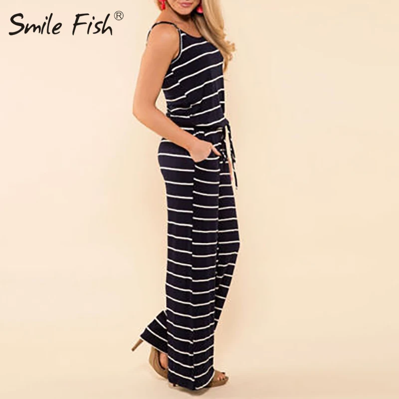 

Spaghetti Strap Casual Beach Jumpsuits Women XXL Wide Leg Pants Long Playsuits 2021 Summer Striped Holiday Romper Overalls GV407
