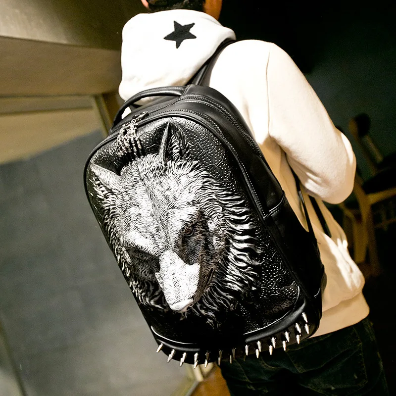 Hot Sale Creative Pu Leather Shoulder Bag Male Student Bag 3D Animal Personality Backpack Rivet Silicone Wolf Head Bag