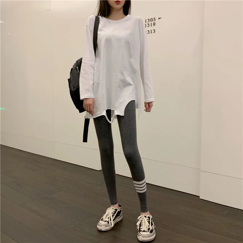 Women Loose T-shirt Long Sleeve 2020 Spring Summer New Fashion Female Streetwear Casual Big Size Hole White Tshirts Tops | Женская