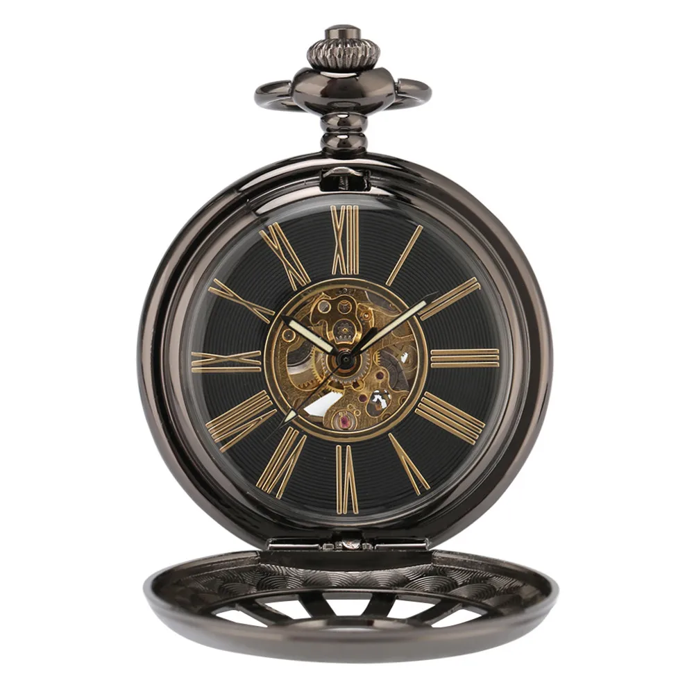 Mechanical Self Winding Pocket Watch Hollow Wheel Gold Roman Numerals Display Antique Pendant Pocket Timepiece with Thick Chain