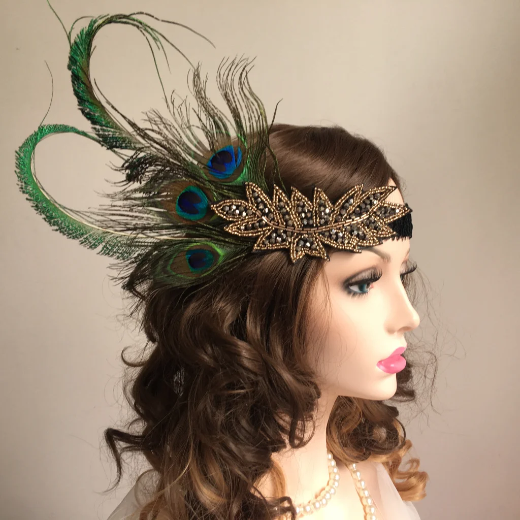 Accesorios para el cabello Vintage, diadema de plumas elásticas de diamante brillante de aleación, 1920s, Gatsby, decoraciones para la frente para fiesta de Hollywood
