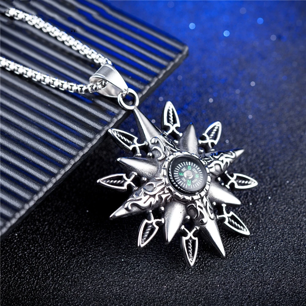 

Loredana Fashionable Delicate Unique Jewelry Necklace For Men.Stainless Steel Symmetrical Sun Shape With Mini Compass Necklace