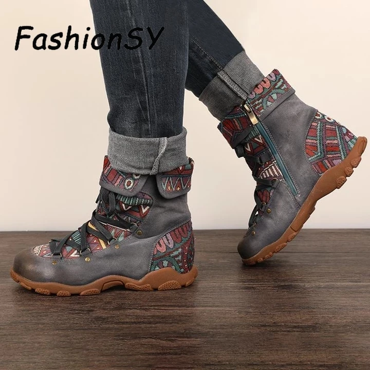 Женские ботинки Зимние ботильоны в стиле ретро с вышивкой и шнуровкой удобная