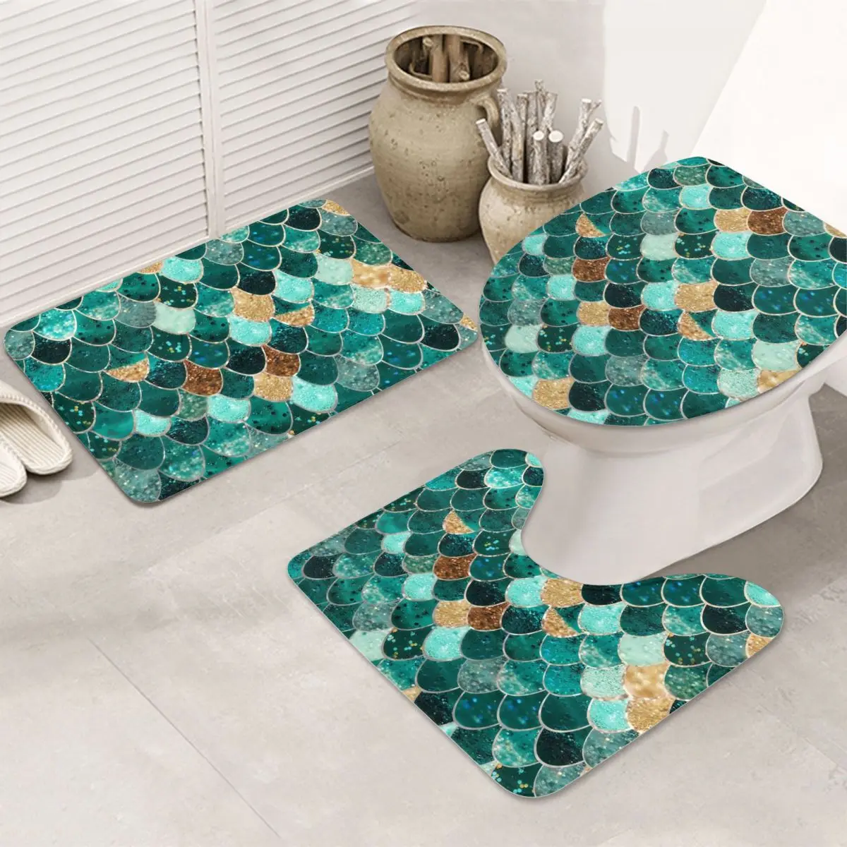 

Mermaid Scales 3 Pcs Bath Anti Slip Bathroom Mat Set Washable Toilet Rugs Rug Non Push Seat Lid Cover