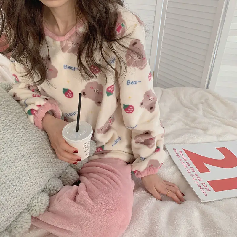 QWEEK Pajama Set Women Autumn Winter Coral Fleece Pijamas Korean Strawberry Bear Print Home Wear Girls Home Clothes Pour Female