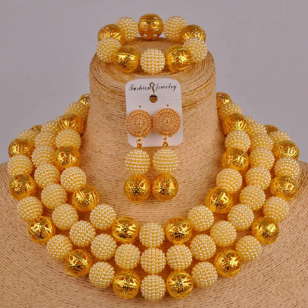 

gold african wedding bead set beige simulated pearl nigerian necklace african set costume jewellry sets FZZ66