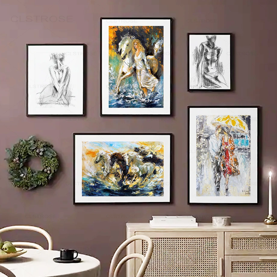 Абстрактные линии девушка лошадь Зонт настенная Картина на холсте скандинавские