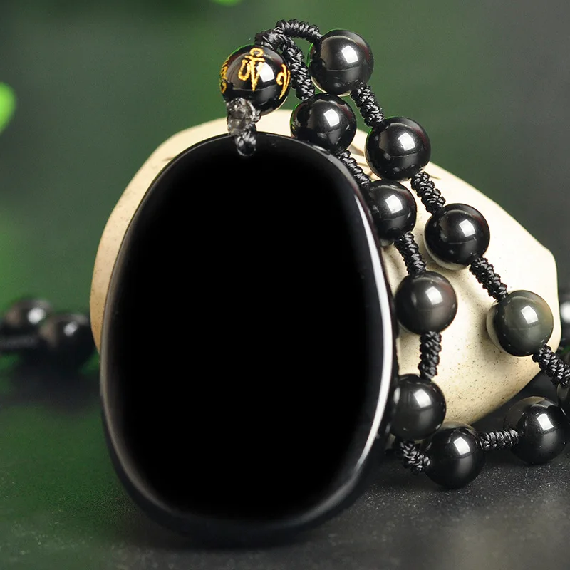 Ожерелье из натурального черного обсидиана с бусинами ручная работа Подвеска