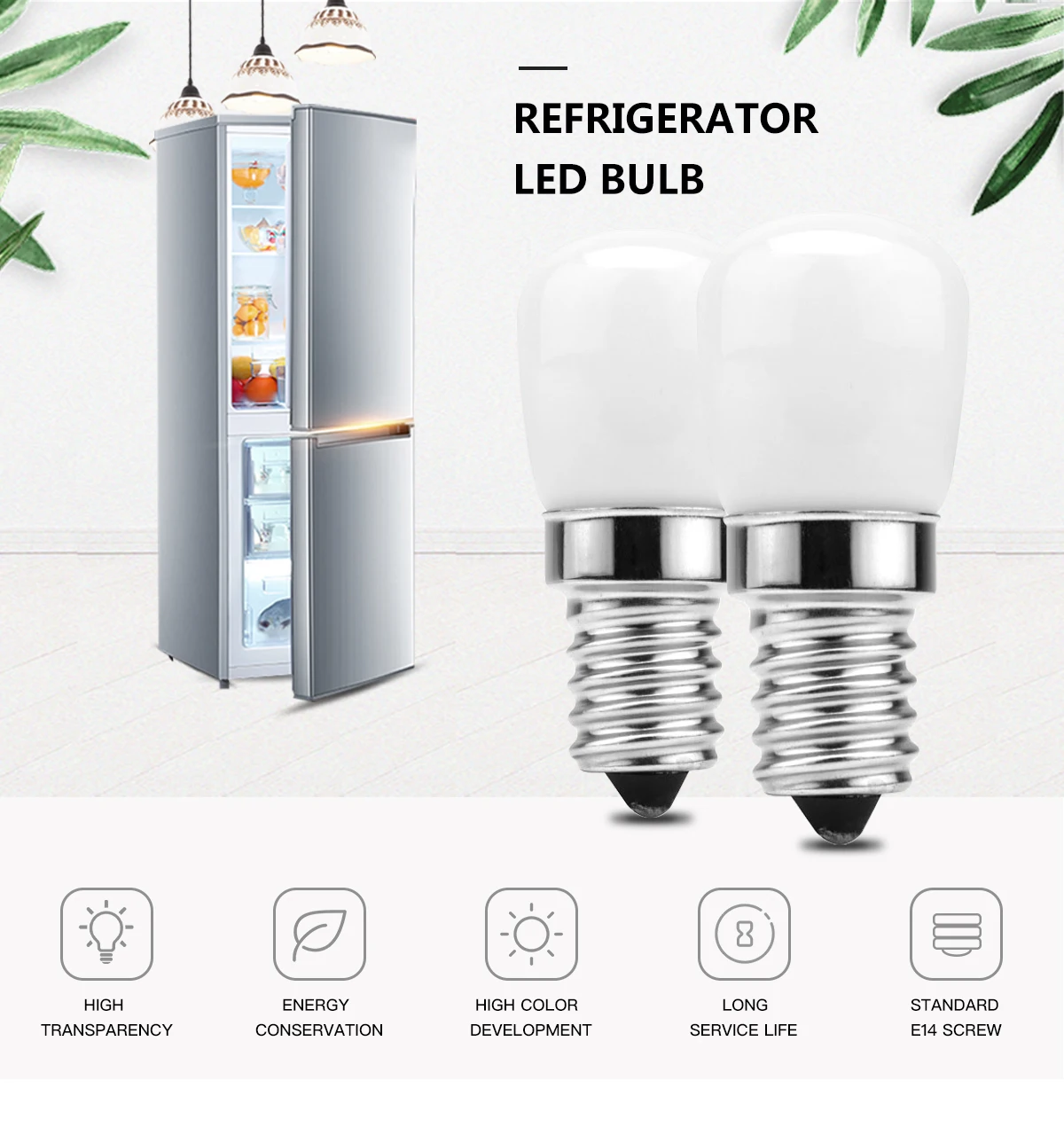 2pcs LED Fridge Light Bulb E14 3W Refrigerator Corn bulb AC 