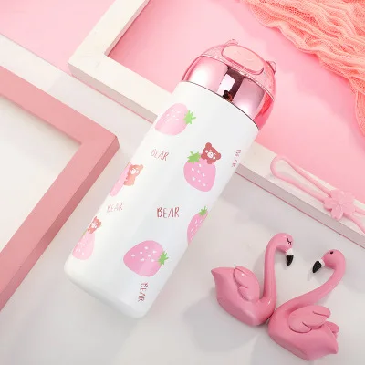 Strawberry 330ml Boxi Милая термобутылка из нержавеющей стали для девочек, портативная объемная кружка с блестками из мультфильма с веревкой, открытый спортивный термос, кружка 300 мл - Color: Strawberry 330ml