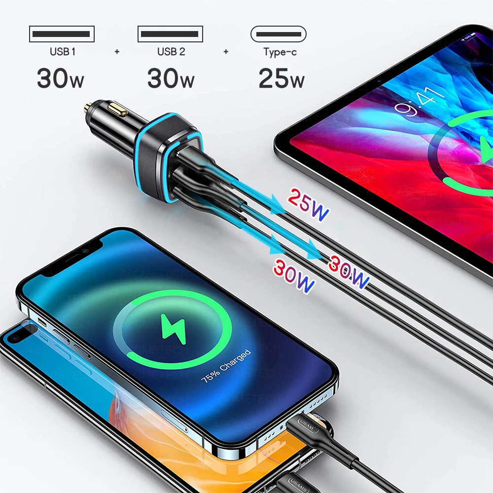 85W LED Car Charger USB Type C 3Port PPS SCP AFC PD QC3.0 Quick For Laptop Phone iPhone Huawei Samsung | Мобильные телефоны и